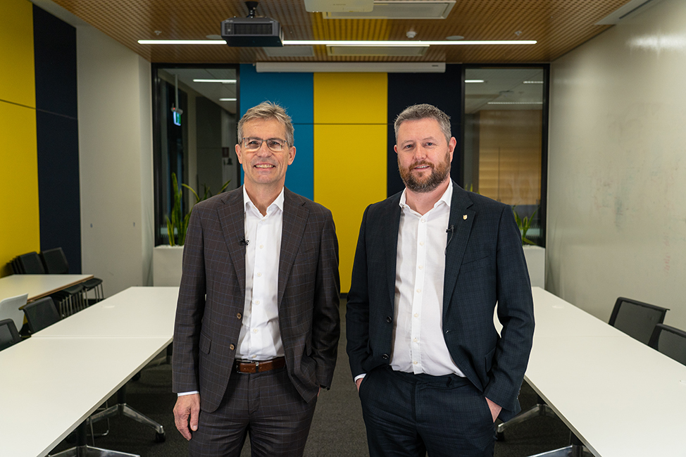 Leading the way to a new university: University of Adelaide Vice-Chancellor, Professor Peter H&oslash;j AC, and the University of South Australia Vice Chancellor, Professor David Lloyd