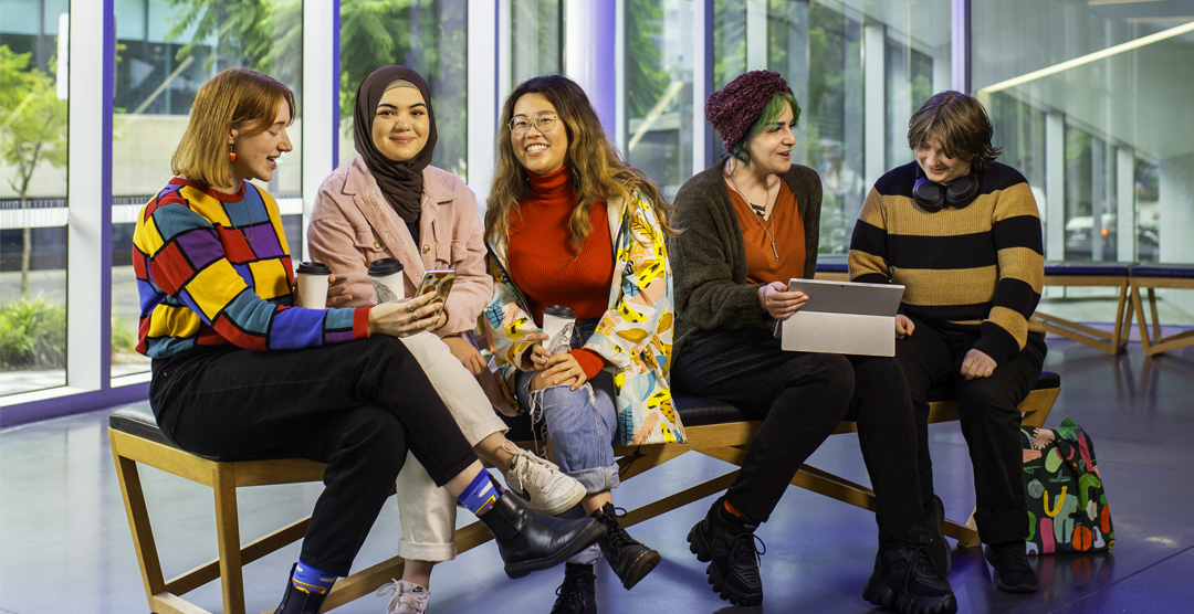 UniSA students in the foyer of Pridham Hall