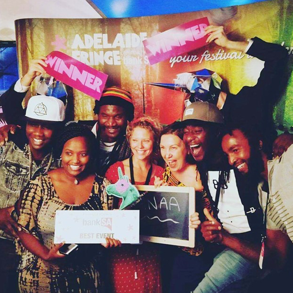 Victoria Lewis (centre) and her Sanaa team celebrating their 2017 Adelaide Fringe Award. 