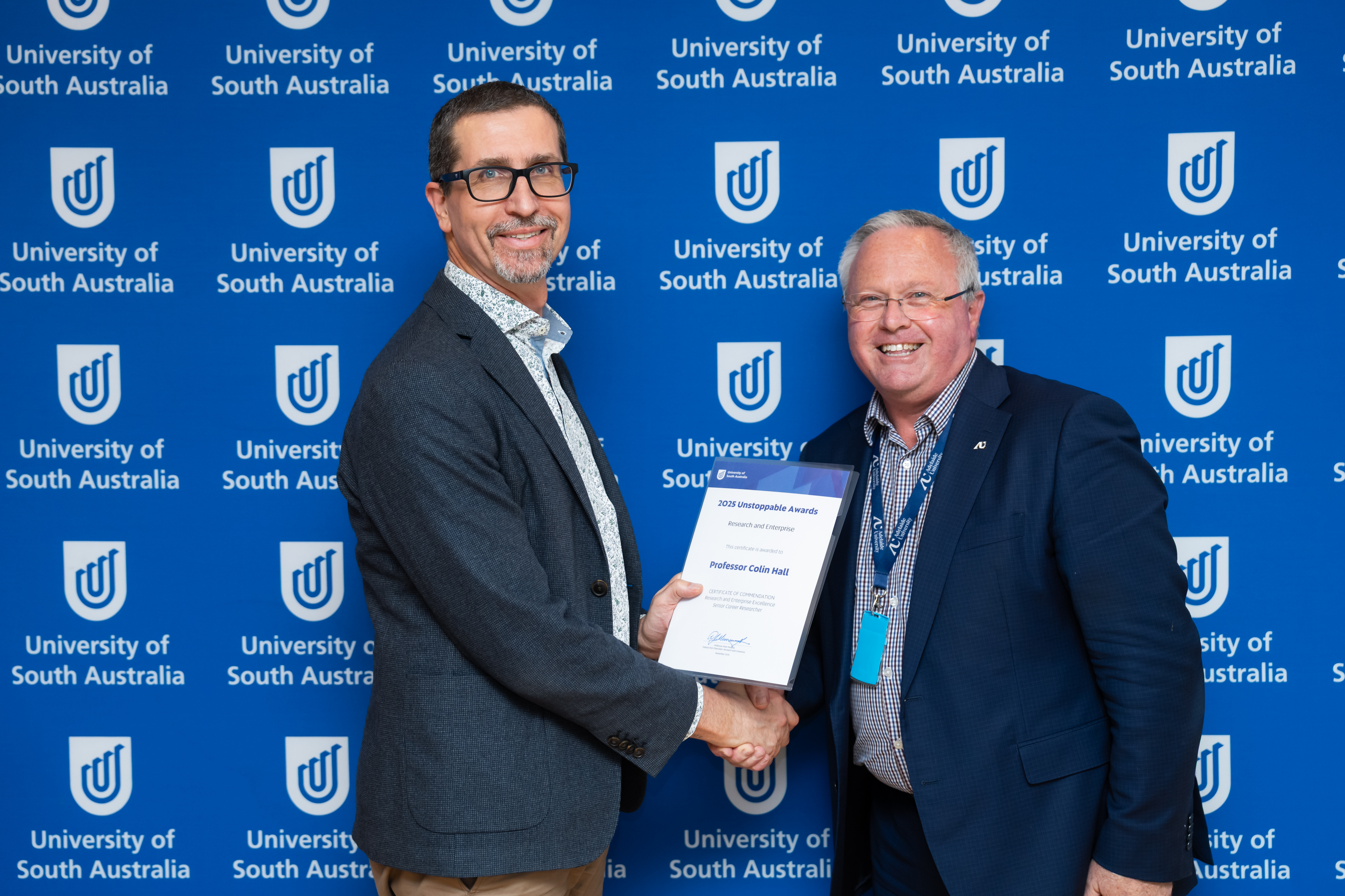 Professor Colin Hall is awarded a commendation for his nomination for the Senior-Career Researcher Award by the Deputy Vice Chancellor: Research & Enterprise, Professor Peter Murphy