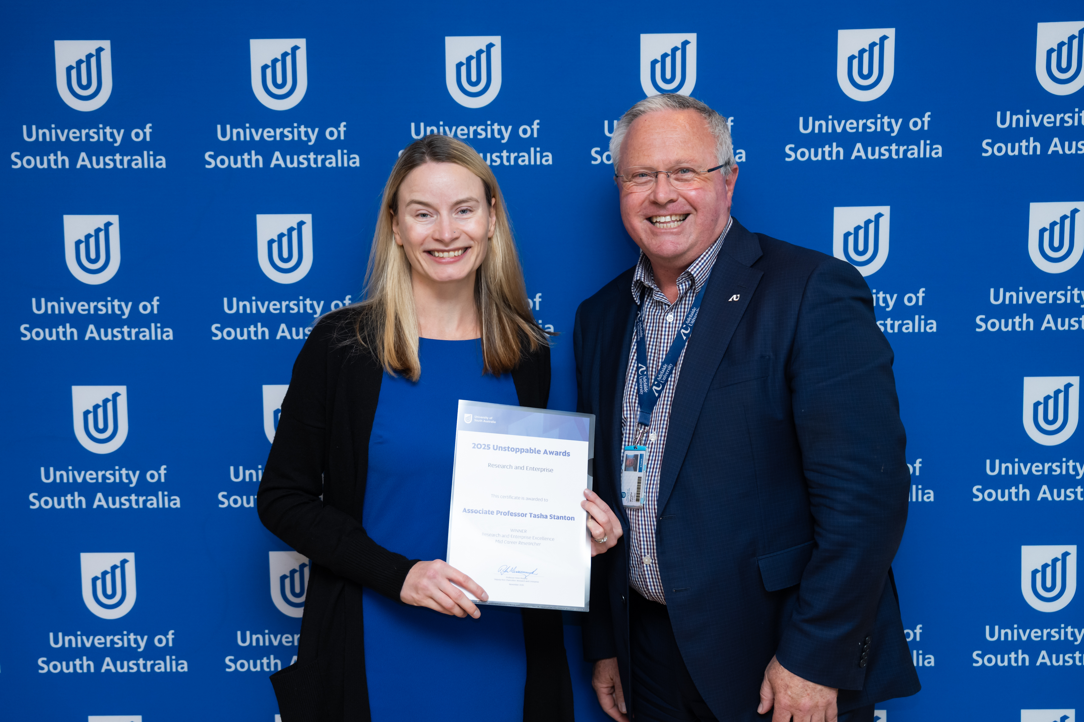 Associate Professor Tasha Stanton is awarded the Mid-Career Researcher Award by the Deputy Vice Chancellor: Research & Enterprise, Professor Peter Murphy