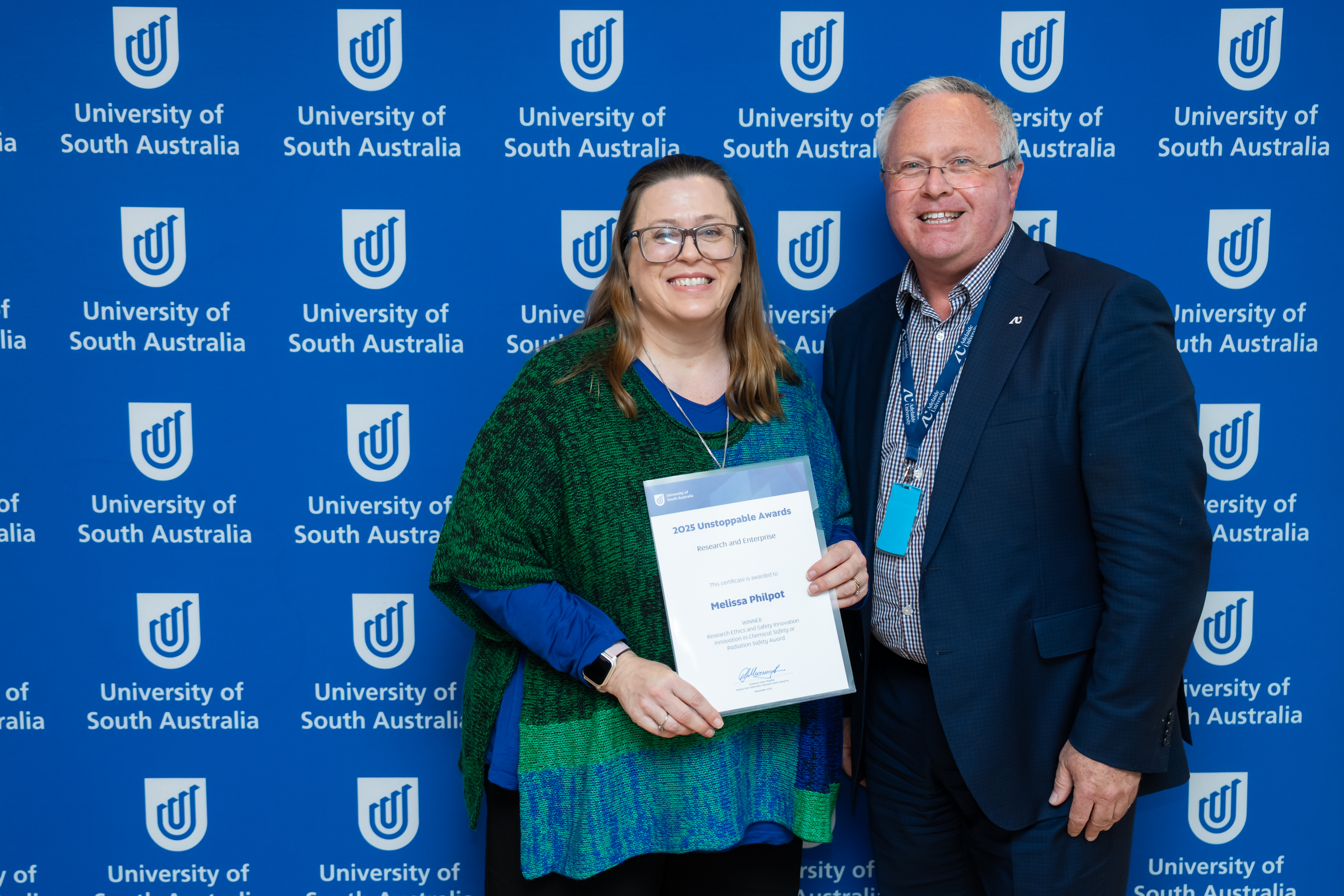 Melissa Philpot is awarded the Chemical and Radiation Safety Award by Deputy Vice Chancellor: Research & Enterprise, Professor Peter Murphy