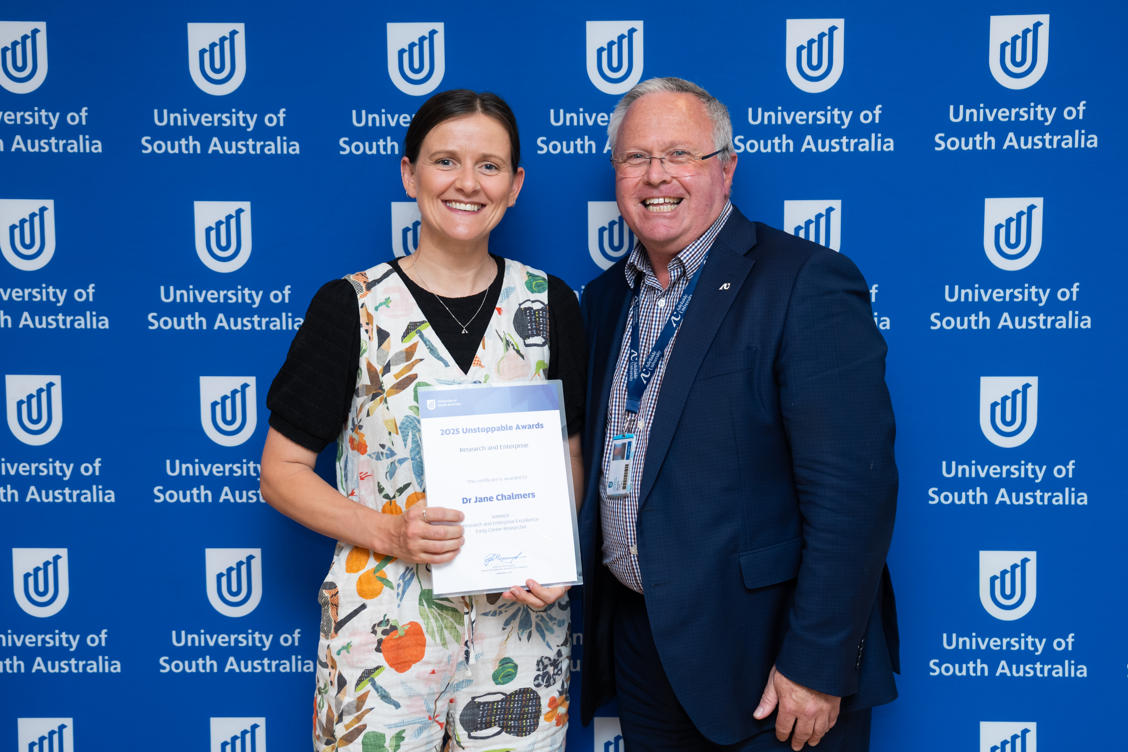 Dr Jane Chalmers is awarded the Early-Career Researcher Award by the Deputy Vice Chancellor: Research & Enterprise, Professor Peter Murphy