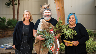 Pro Vice Chancellor: Education, Arts and Social Sciences Professor Joanne Cys, Senior Kaurna Man Mickey Kumatpi O&rsquo;Brien and Aboriginal Student Engagement Officer Anna Strzelecki at the opening of the Magill facilities.