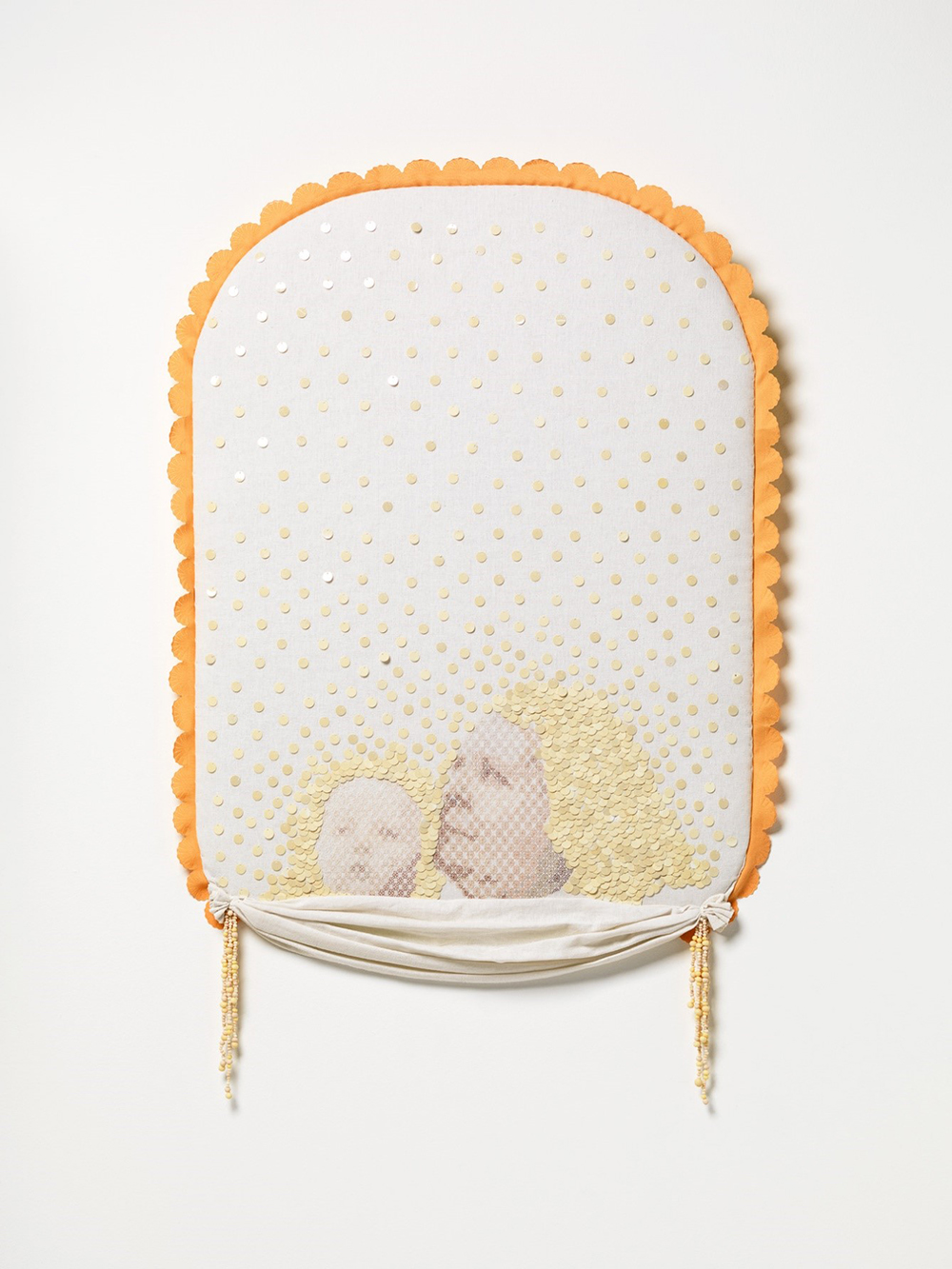 Basking, 2016-17. Linen, cotton, sequins, tablecloth, handmade glow-in-the-dark beads, 92 x 60 cm. Photograph: Grant Hancock