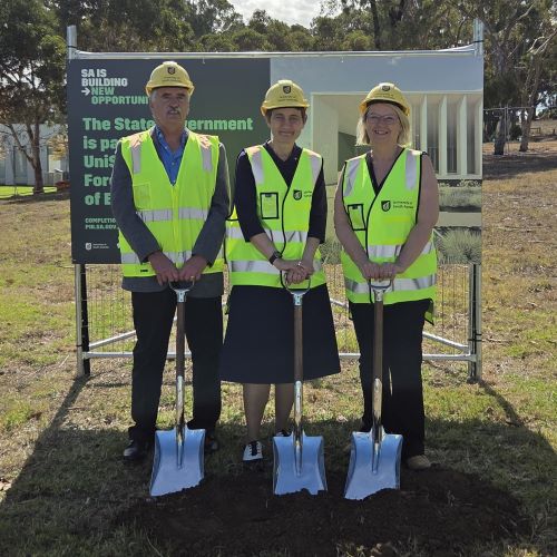 Three people with shovels in a field