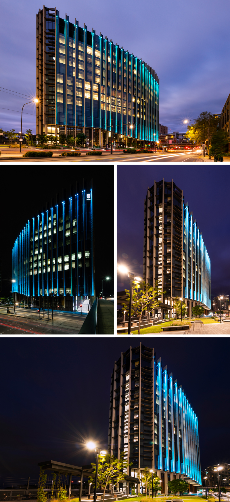 UniSA&rsquo;s Cancer Research Institute building on North Terrace lit up in teal