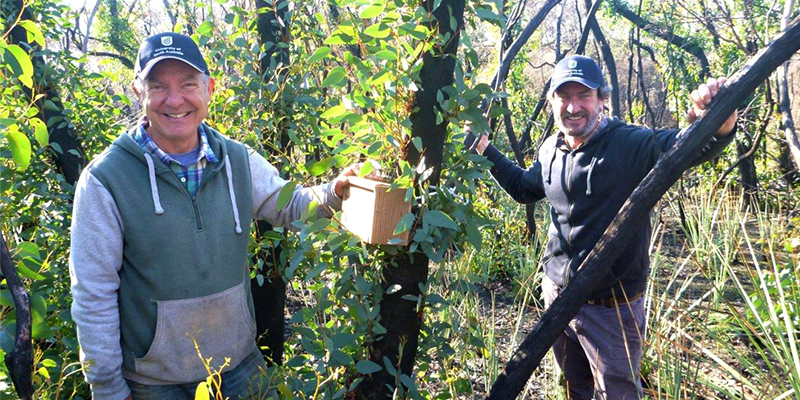 Peter Hammond (left) and Jo Sullivan (right) with a pygmy possum box made at the Yankalilla Men&rsquo;s Shed. Peter and Jo were employed part-time for a year by the VC Fund.