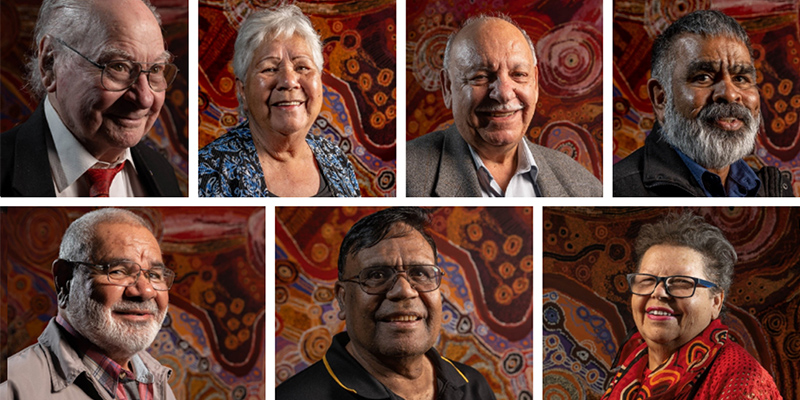 The members of Purkarninthi: (L-R top) Uncle Lewis O&rsquo;Brien, Aunty Roslyn Weetra, Uncle David Rathman, Uncle Frank Wanganeen, (bottom) Uncle Kevin (Dookie) O&rsquo;Loughlin, Uncle Kym Kropinyeri and Aunty Lynette Crocker. Not pictured: Aunty Lucy Waniwa Lester. Photos courtesy Nharla Photography