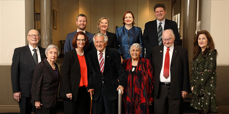 Bob Hawke&rsquo;s Private Secretary Jill Saunders (top row, second from left) at the 2017 Annual Hawke Lecture, which was delivered by Julia Gillard AC. Top row: Prof David Lloyd, Jill Saunders, Prof Tanya Monro, Prof Nicholas Procter. Bottom row: The Hon Sir Eric Neal, Lady Neal, The Hon Julia Gillard AC, The Hon Bob Hawke AC, Prof Lowitja O&rsquo;Donoghue, Uncle Lewis O&rsquo;Brien, Jacinta Thompson