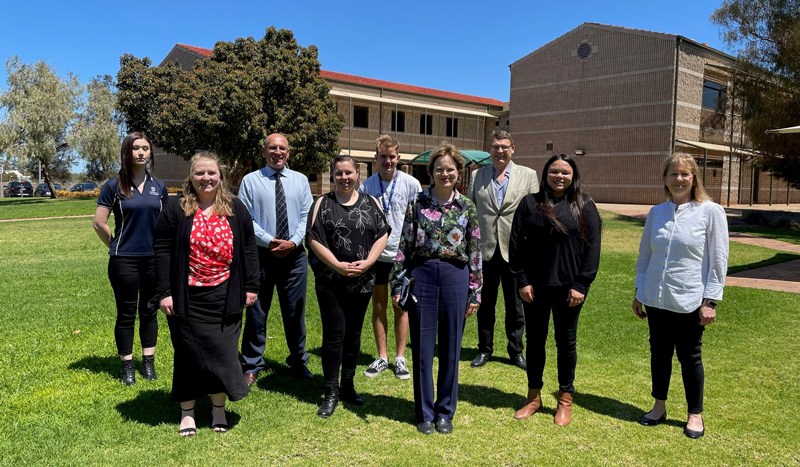 From left to right: Student Jasmine Edwards, UniSA Regional Student Support and Project Officer Simone Purdie, UniSA Regional Manager: Whyalla Paul Havelberg, students Ashlee Jones and Hayden Gill, the Governor Her Excellency the Honourable Frances Adamson AC, the Governor&rsquo;s husband Rod Bunten, UniSA Aboriginal Student and Community Engagement Officer Tahnee Jackson and UniSA Unit Head for Social Work and Rural Practice Dr Cate Hudson.