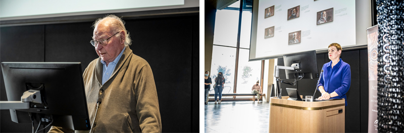 Lewis O&rsquo;Brien (left) and Chancellor Pauline Carr (right) at the Purkarninthi in Residence art installation launch.