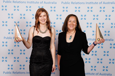 Master of Communication student Melissa Martin, left, and Dr Kim Burley, Online Program Facilitator, UniSA Online, at the PRIA Golden Target Awards.