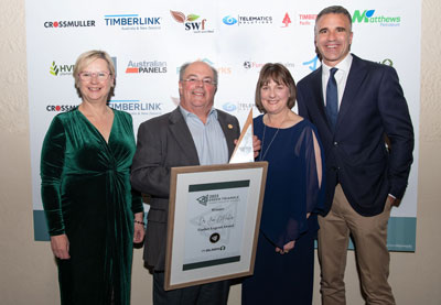 SA Primary Industries Minister Clare Scriven (left) and Premier Peter Malinauskas (right) presented the Timber Legend Award to UniSA general manager for forest research, Dr Jim O'Hehir, pictured with wife Judy O&rsquo;Hehir, at the Green Triangle Timber Industry Awards.