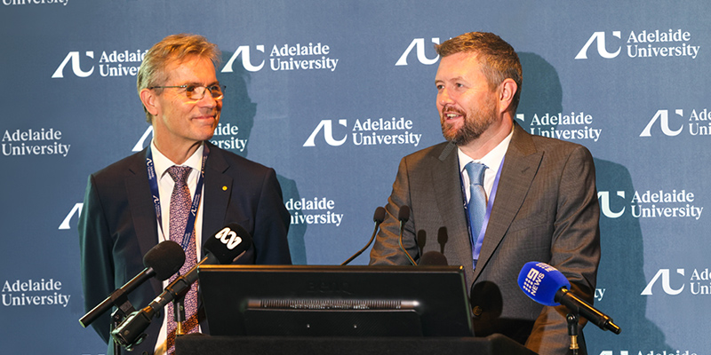 Adelaide University co-Vice Chancellors Professor Peter H&oslash;j and Professor David Lloyd launching Adelaide University to the world.
