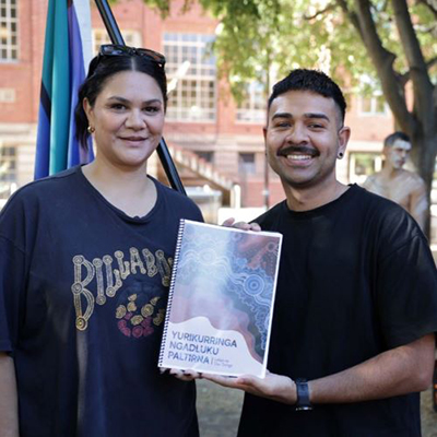 Kaurna songbook cover artist Gabriel Stengle and Project Officer at Kaurna Warra Pintyanthi Jaylon Newchurch. Photo by Andre Castellucci.